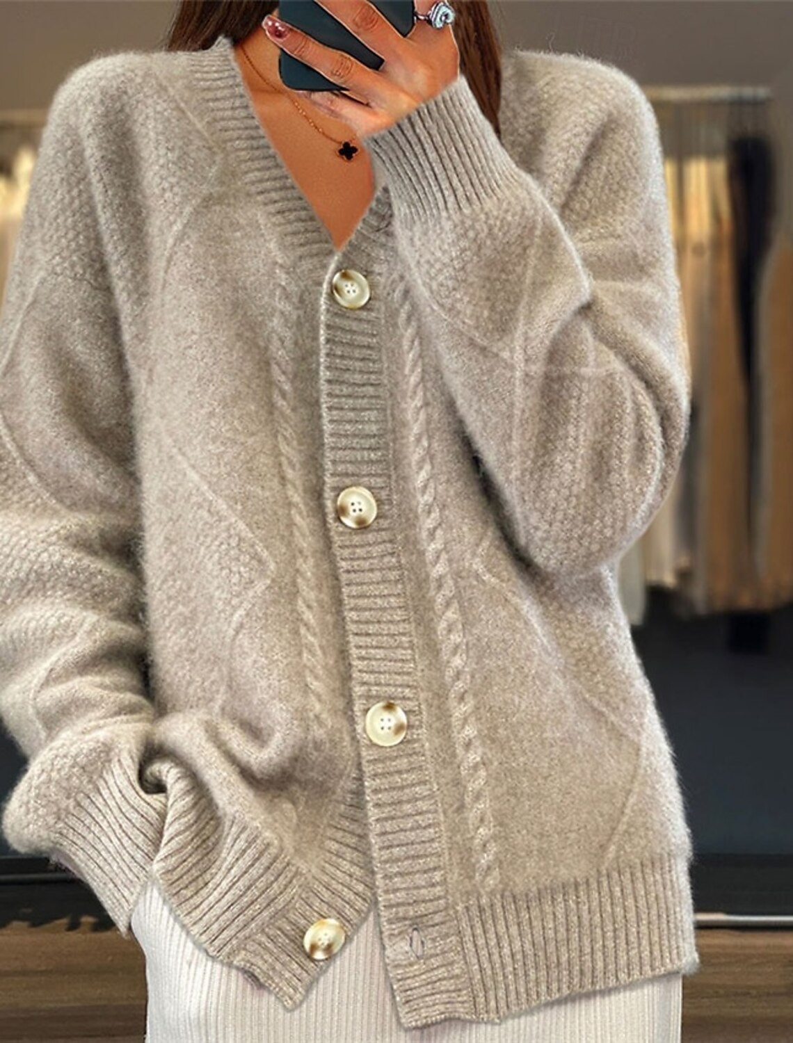 Women V Neck Cable Knit Cardig - Down Jacket Packable incelemesi ve fiyatı