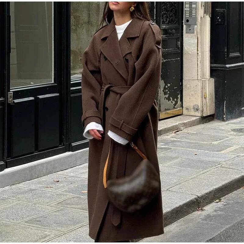 Elegant Grey Belt Long Faux Wo - Wool Coat Peacoat incelemesi ve fiyatı